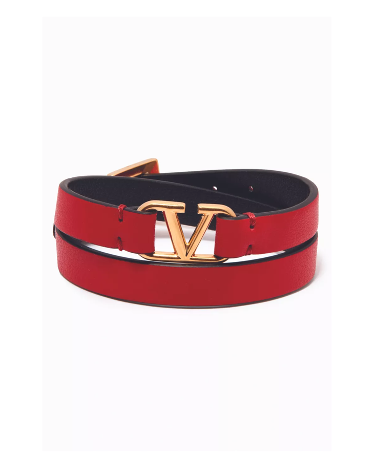 Red leather double-strap bracelet with gold VG logo — Valentino Garavani | Endless UAE
