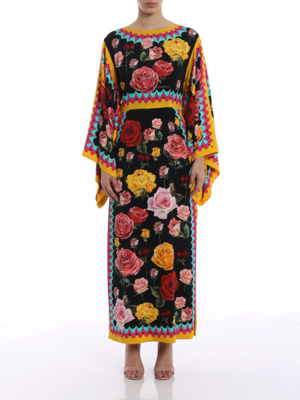 Rose Print Silk Charmeuse Gown with colorful geometric trim — Dolce & Gabbana | Endless UAE