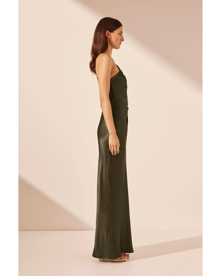Olive asymmetrical gathered maxi dress with one-shoulder neckline and cutout detail — Shona Joy | Endless UAE