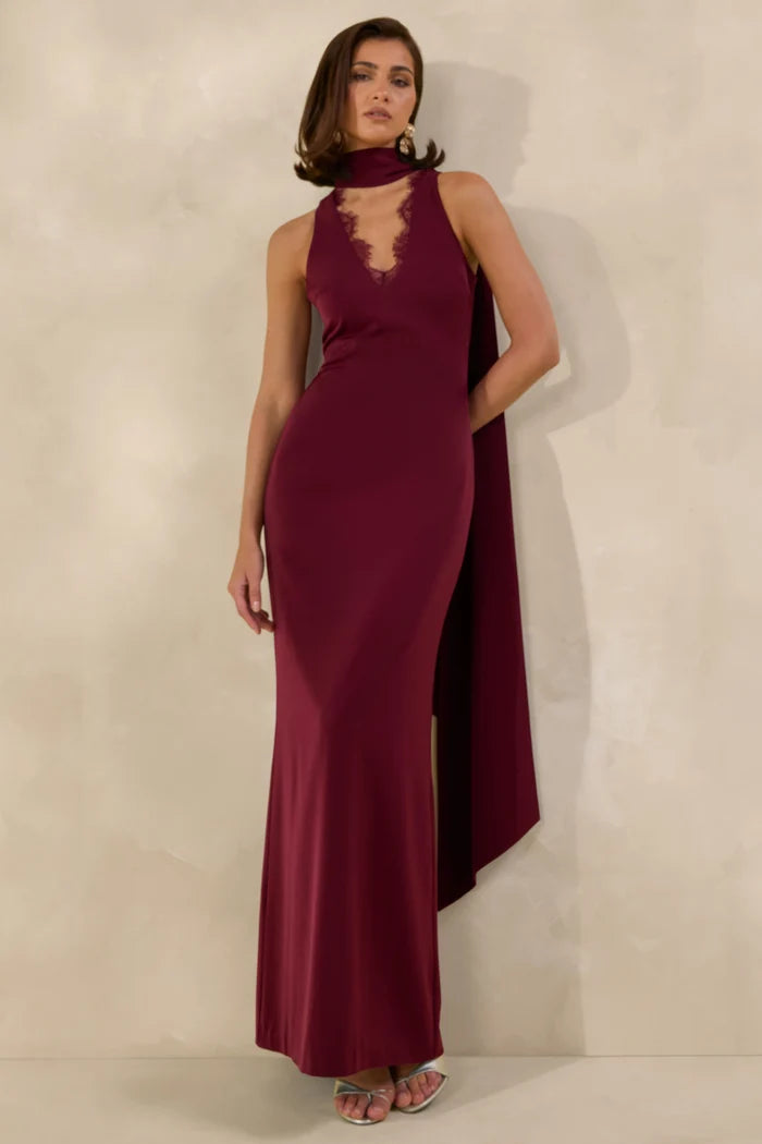 Burgundy satin high-neck maxi slip dress with lace detail — Club L London | Endless UAE