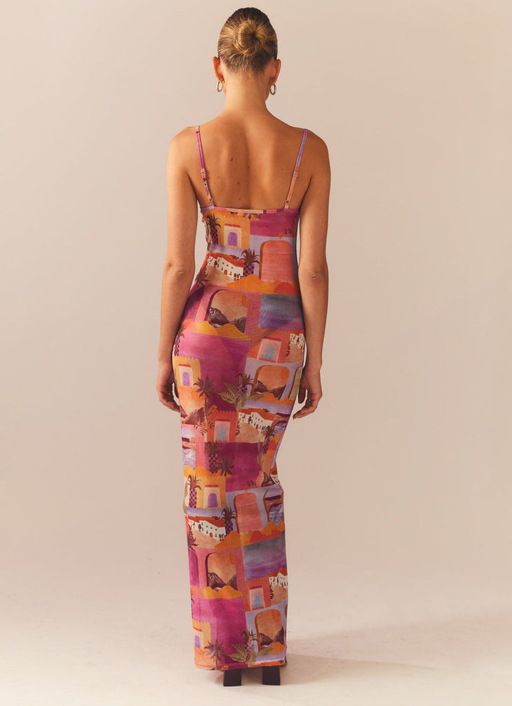 Dreams Of The Desert Dress in vibrant orange and pink tones with architectural patterns — Peppermayo | Endless UAE