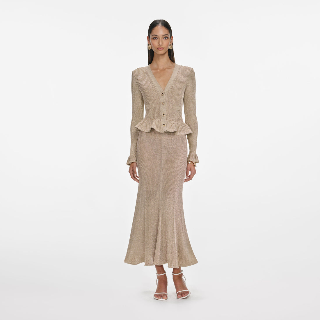 Gold Lurex Peplum Knit Midi Dress with V-neckline and ruffled waist detail — Self-Portrait | Endless UAE