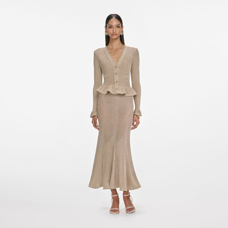 Gold Lurex Peplum Knit Midi Dress with V-neckline and ruffled waist detail — Self-Portrait | Endless UAE