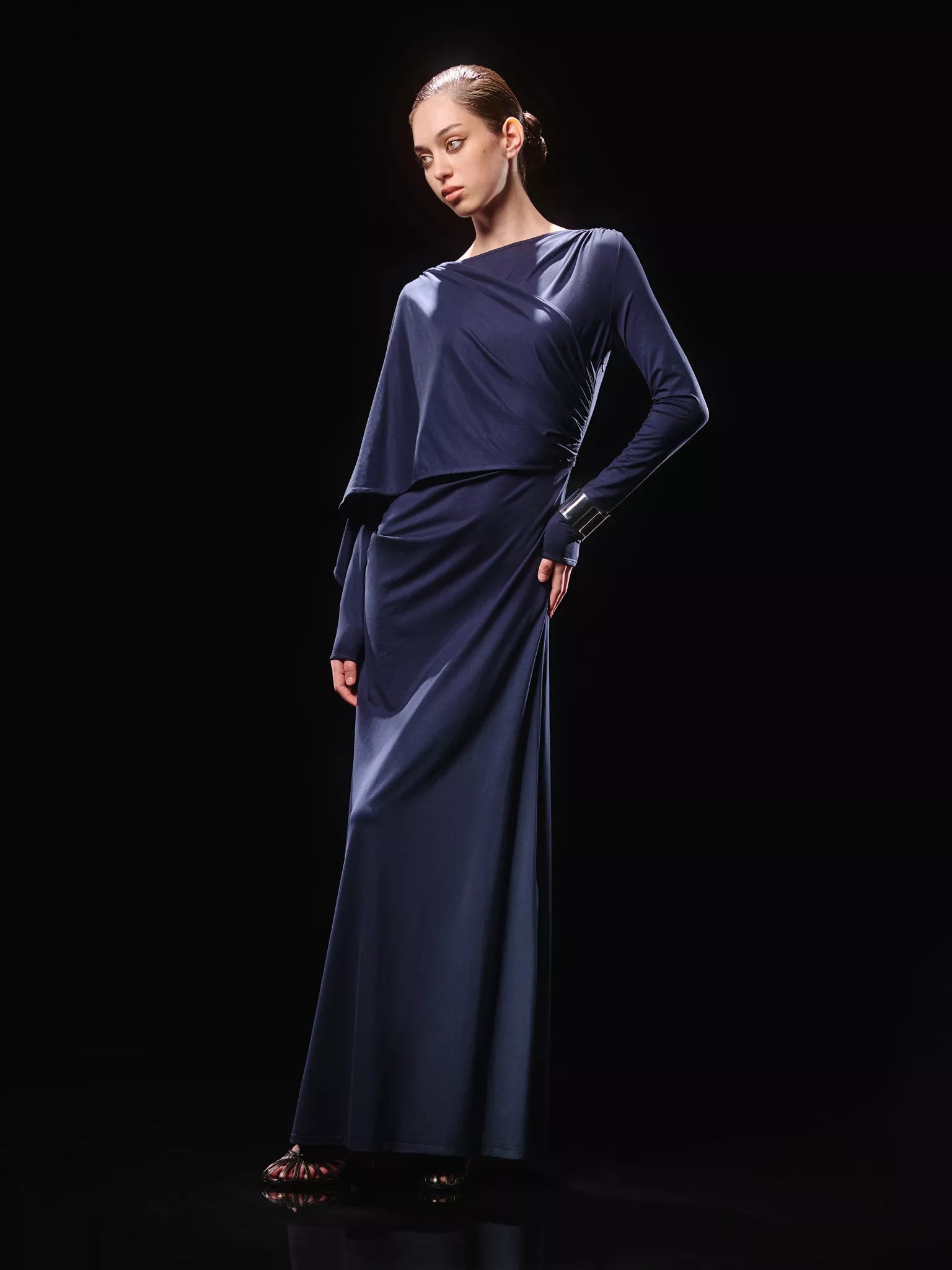 Navy long-sleeve jersey maxi dress with draped waist detail — Lichi | Endless UAE