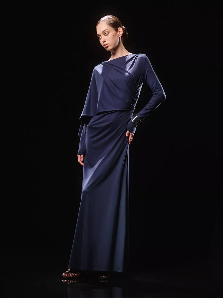 Navy long-sleeve jersey maxi dress with draped waist detail — Lichi | Endless UAE