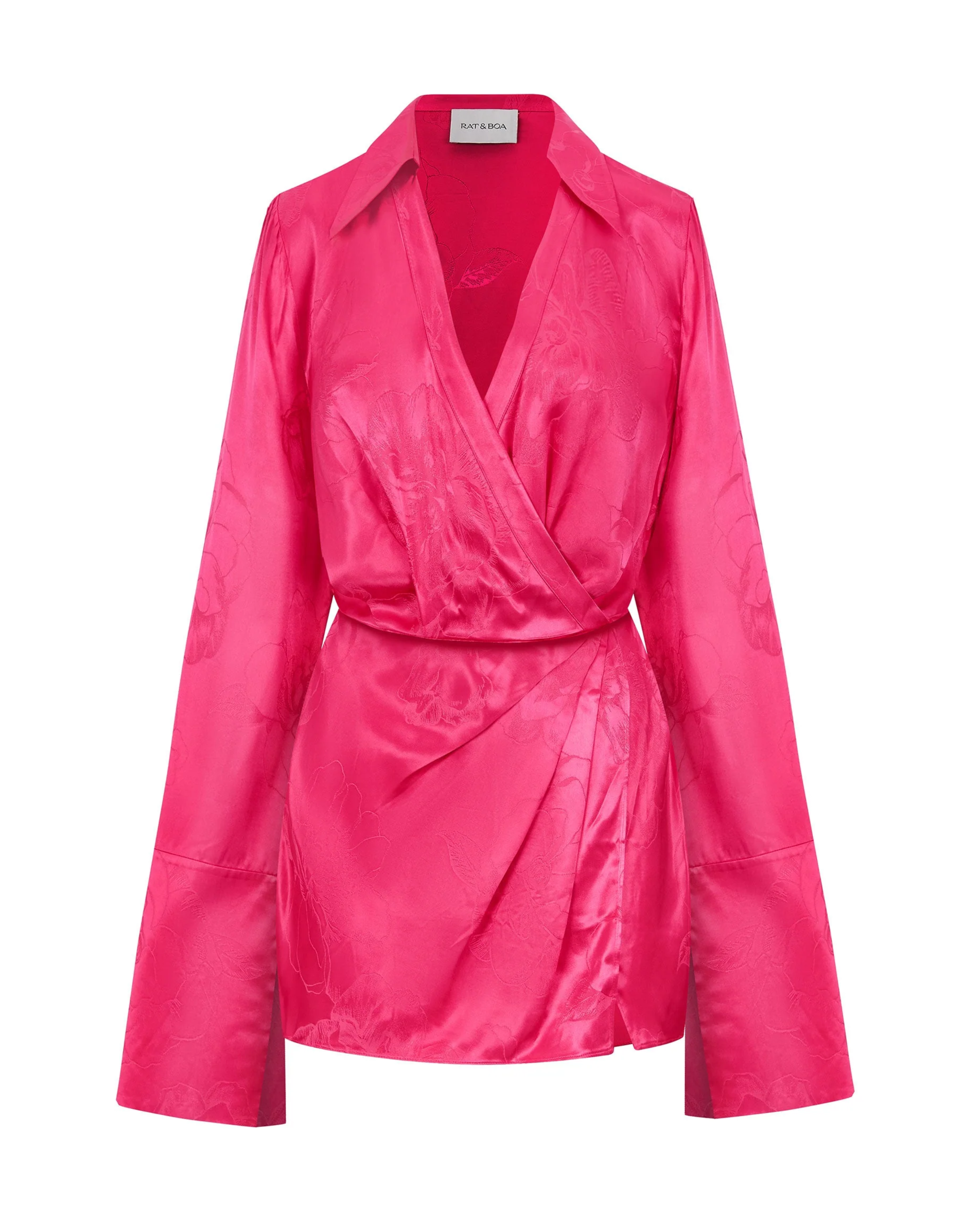 Paloma Mini Dress in hot pink with floral jacquard pattern and bell sleeves — Rat and Boa | Endless UAE