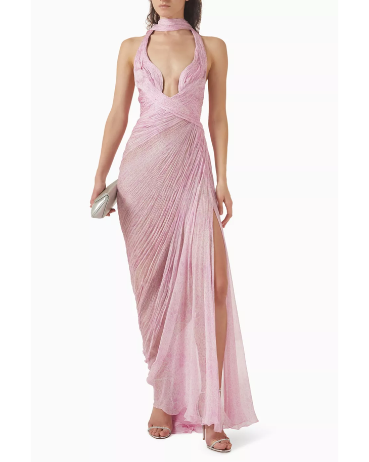 Pink pleated halter maxi dress with wrap waist detail — Maria Lucia Hohan | Endless UAE