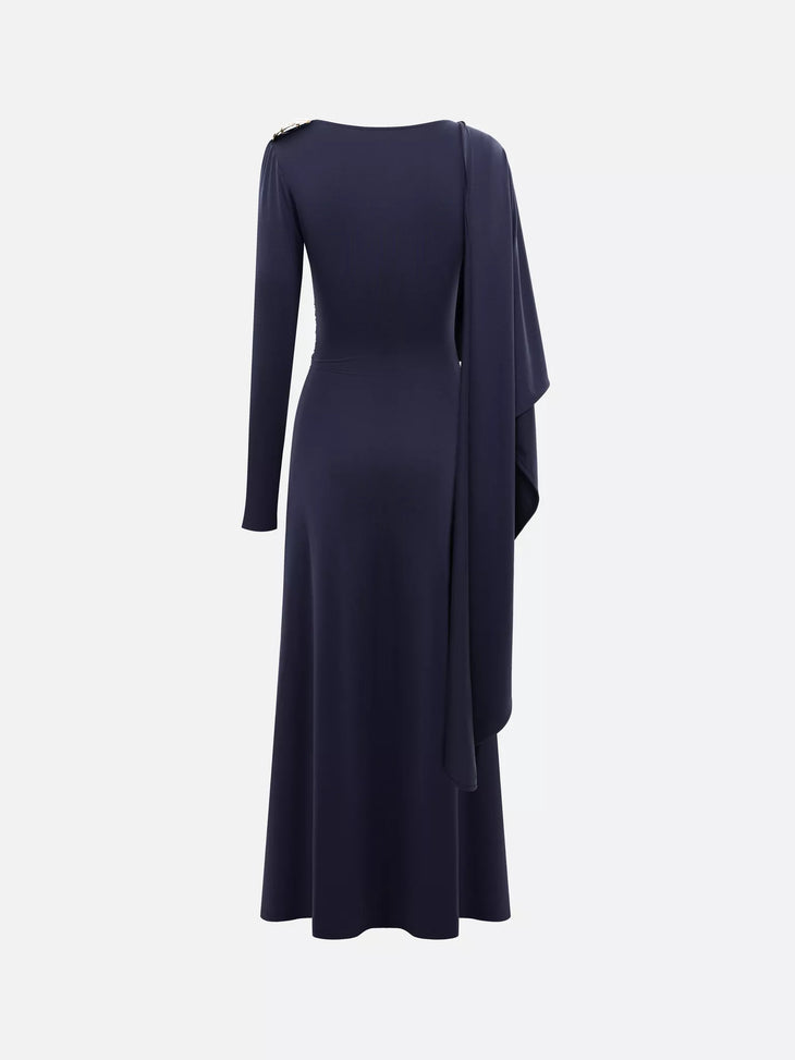 Navy long-sleeve jersey maxi dress with draped waist detail — Lichi | Endless UAE