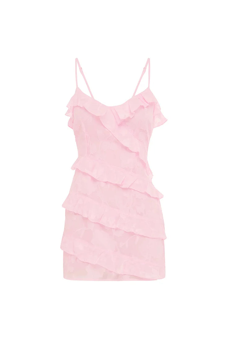 Aisha Mini Dress in blush pink with ruffled details and thin straps — Runaway The Label | Endless UAE