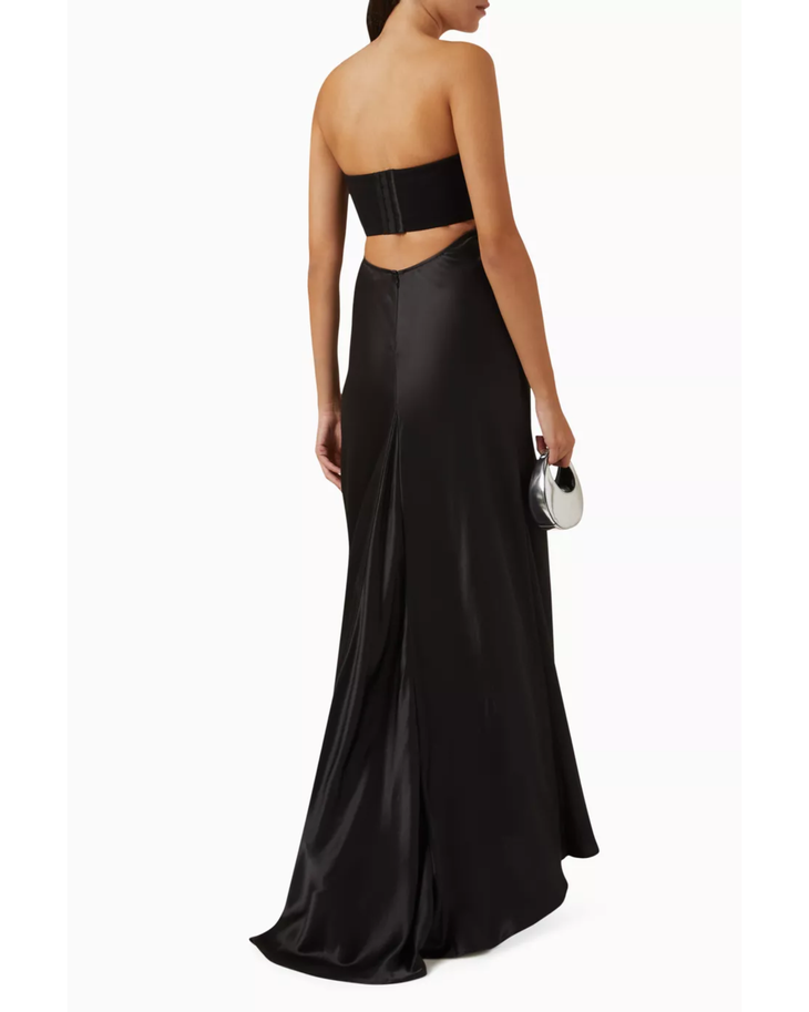 Black strapless maxi dress with satin waist tie detail — Staud | Endless UAE