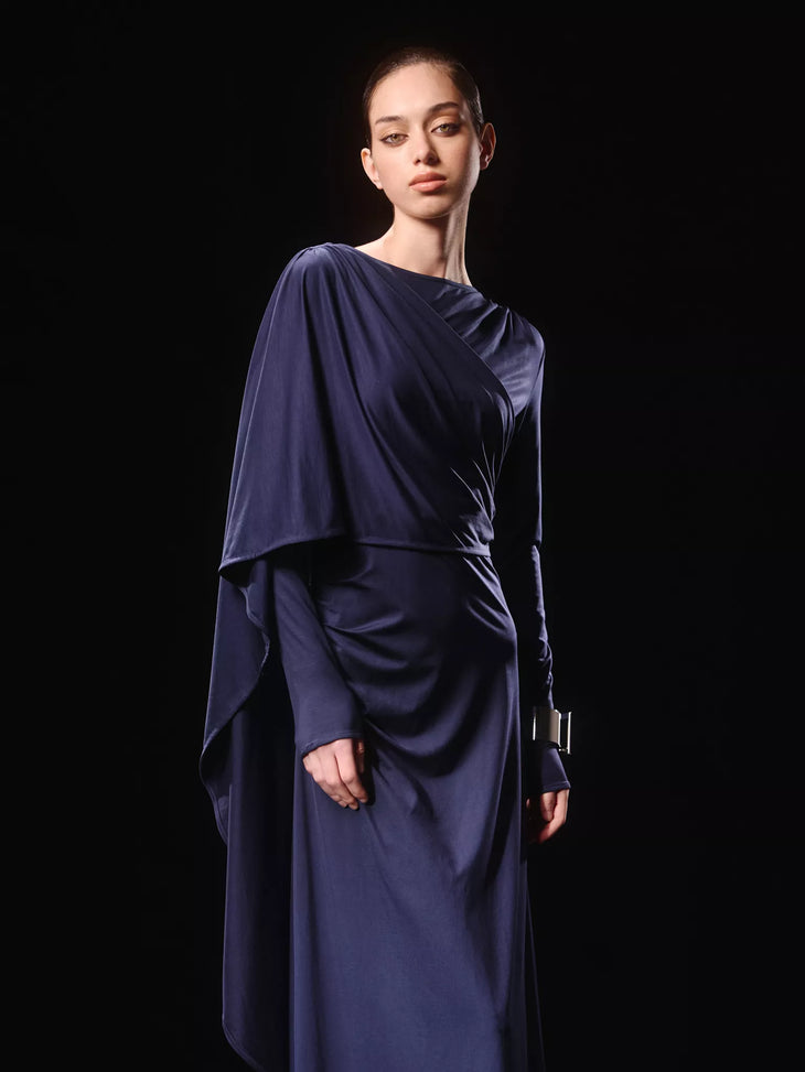 Navy long-sleeve jersey maxi dress with draped waist detail — Lichi | Endless UAE