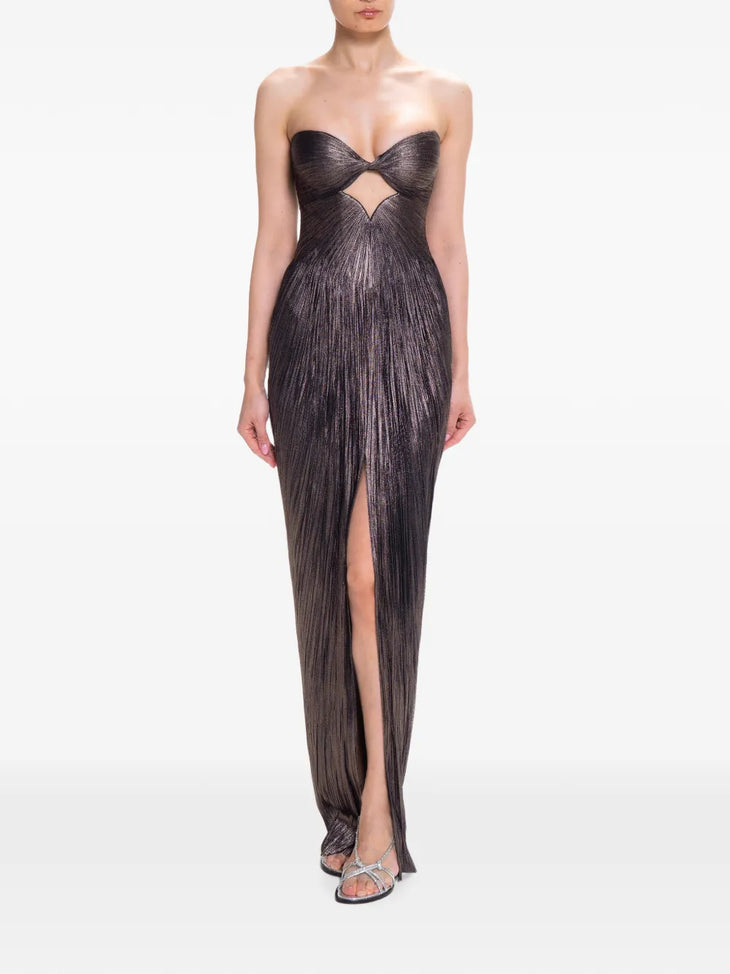 Black pleated strapless maxi dress with cutout detail and high slit — Maria Lucia Hohan | Endless UAE