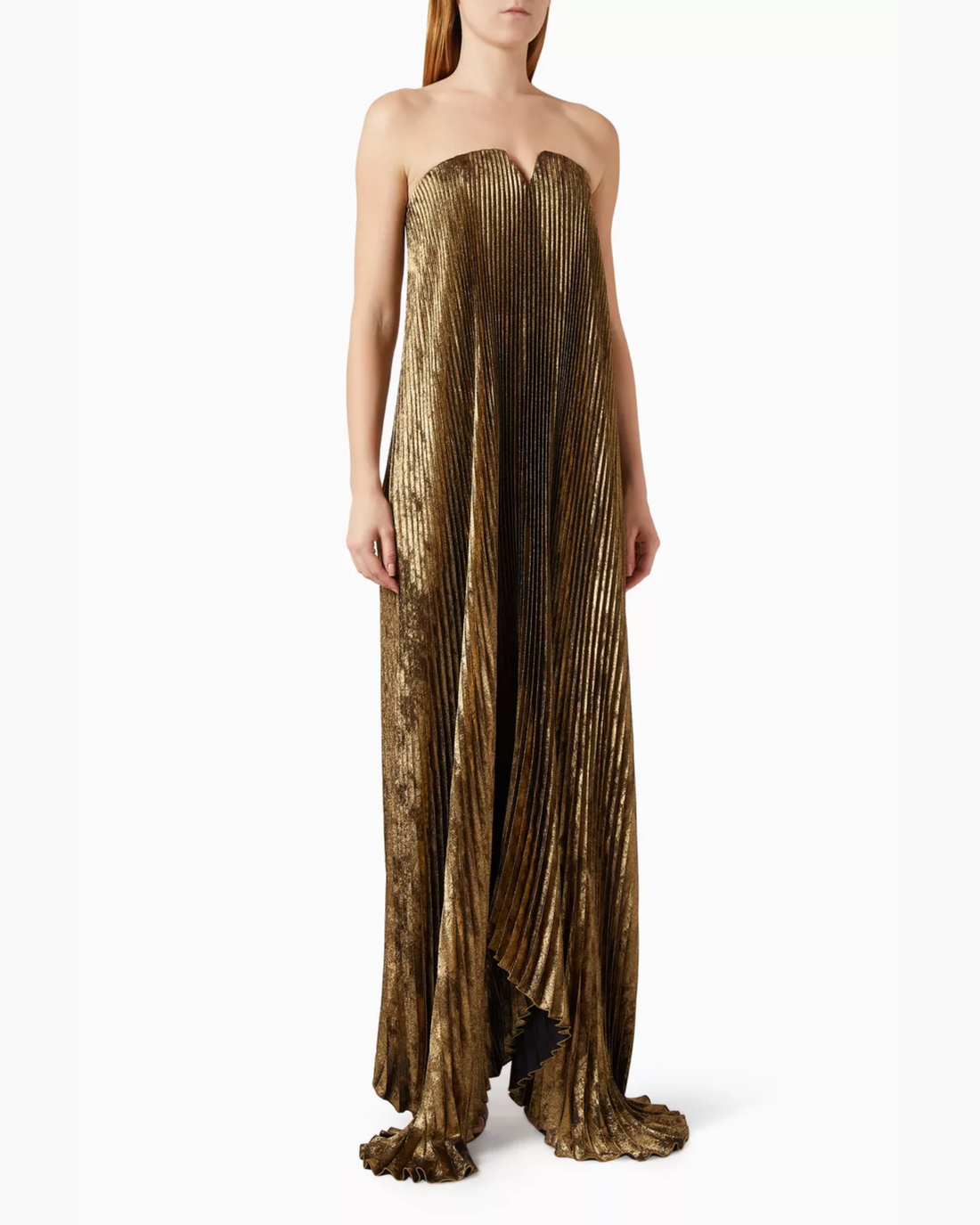 Gold pleated strapless gown with sweeping train — L'idee | Endless UAE