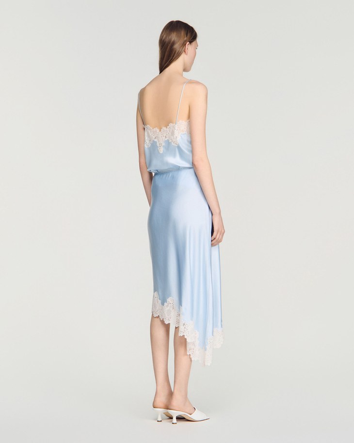Light blue silk camisole and asymmetric skirt set with lace trim — Sandro | Endless UAE