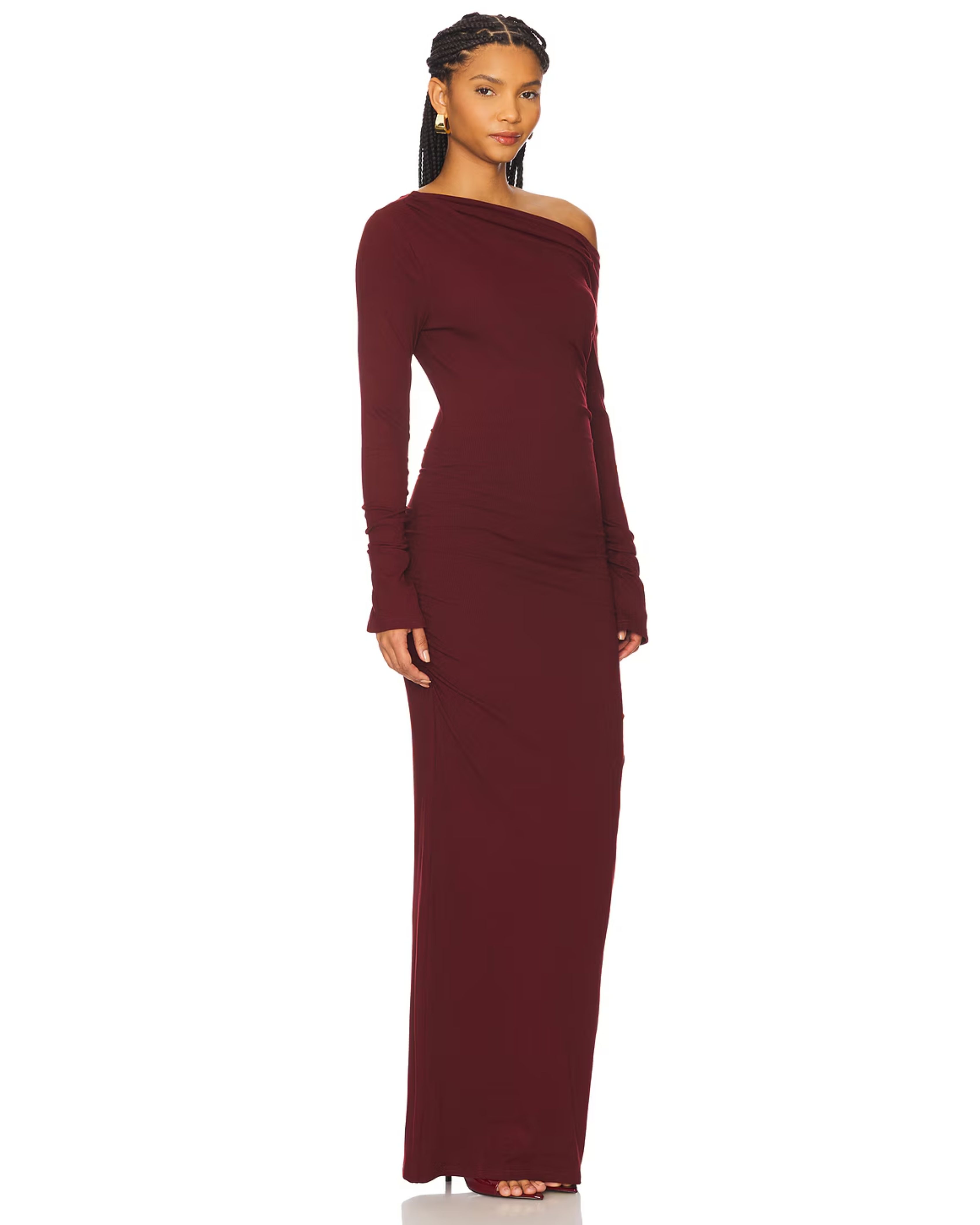 Woman wearing burgundy off-shoulder long-sleeve maxi dress — SNDYS x REVOLVE | Endless UAE