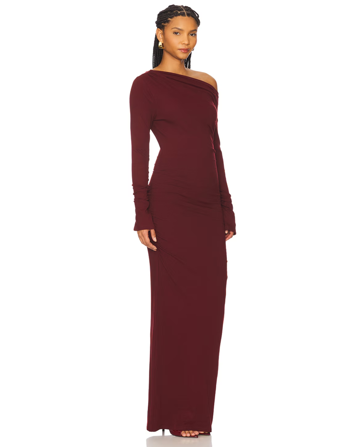 Woman wearing burgundy off-shoulder long-sleeve maxi dress — SNDYS x REVOLVE | Endless UAE