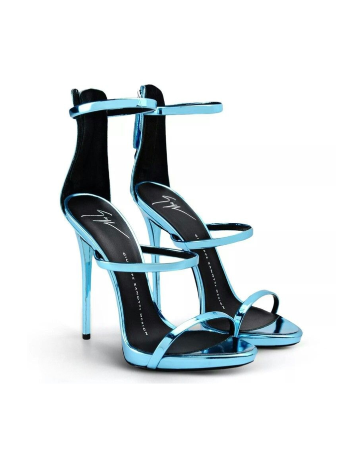 Metallic blue ankle-strap stiletto heels with glossy finish and black leather accents — Giuseppe Zanotti | Endless UAE