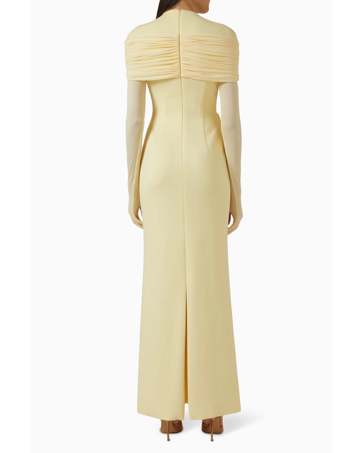 Pale yellow draped maxi dress with off-shoulder design and long sleeves — Chats By C.Dam | Endless UAE