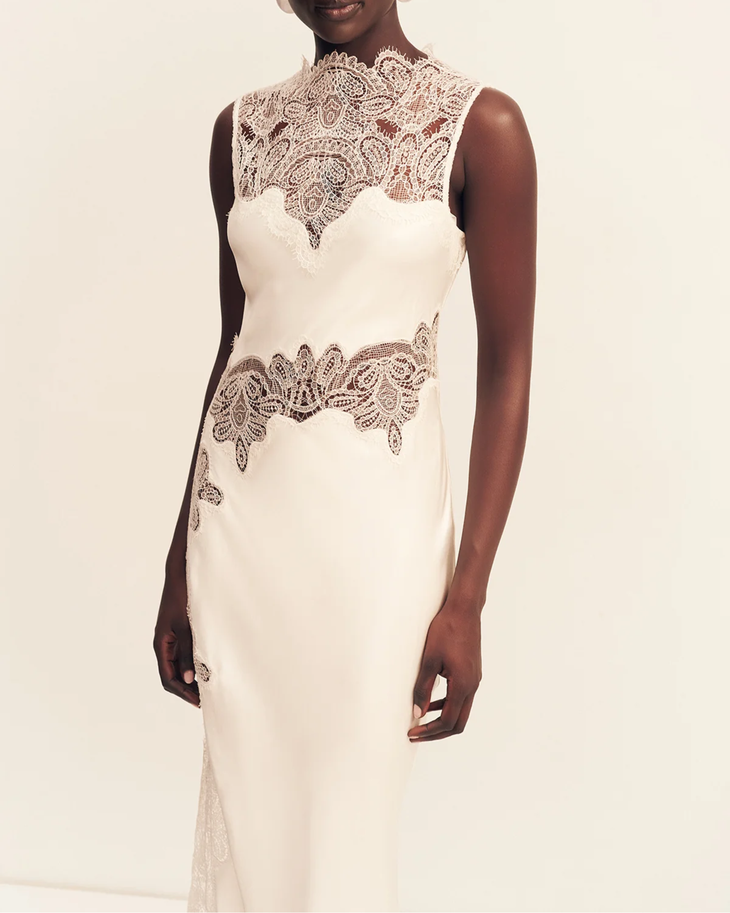 Stratus Sheer Lace High Neck Maxi Dress in cream with intricate lace detailing — Shona Joy | Endless UAE