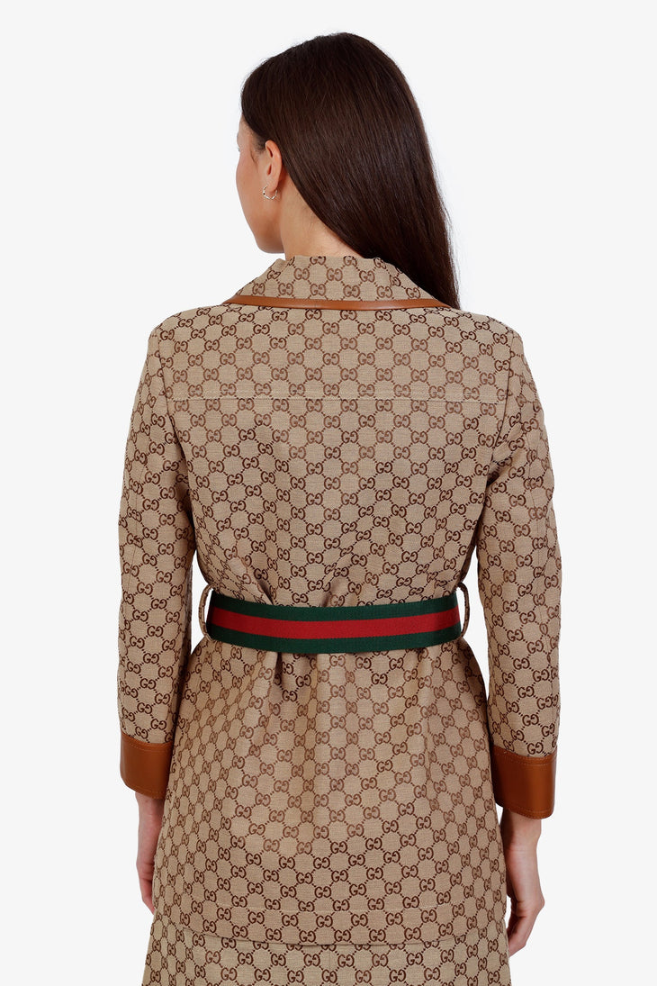 GG canvas jacket with leather trim, horsebit web belt detail, and gold-tone buttons — Gucci | Endless UAE