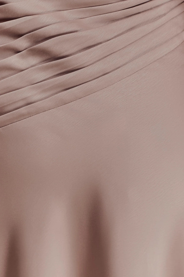 Lyla Dress in beige one-shoulder maxi with flowing silhouette — Meshki | Endless UAE