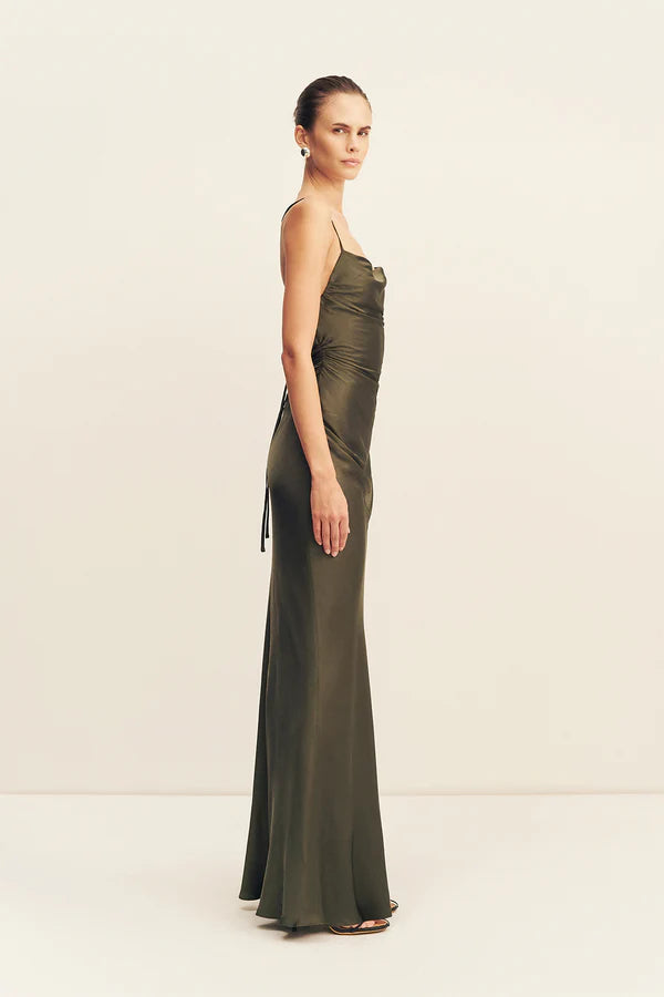 Olive satin cowl neck maxi dress with ruched sides and lace back detail — Shona Joy | Endless UAE