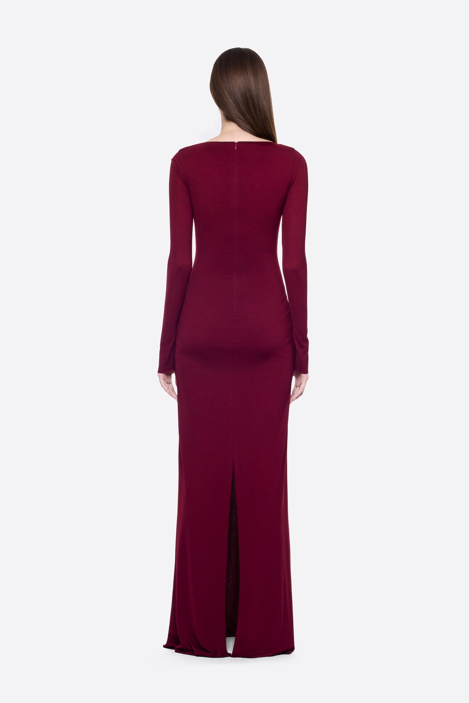 Zerina Dress in burgundy with long sleeves and floor-length silhouette — Chats By C.Dam | Endless UAE