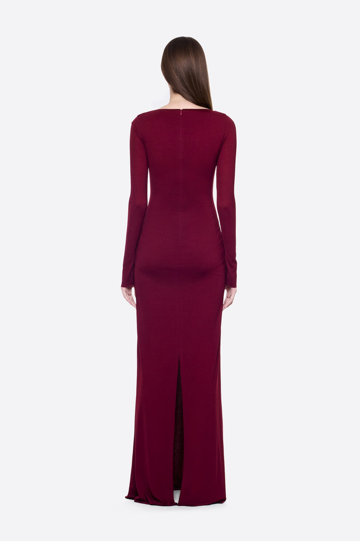 Zerina Dress in burgundy with long sleeves and floor-length silhouette — Chats By C.Dam | Endless UAE