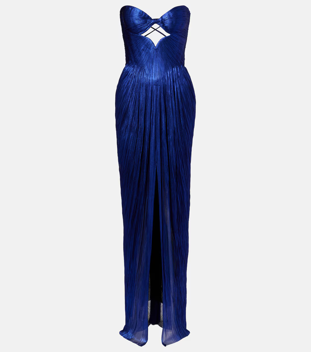 Royal blue pleated silk maxi gown with sweetheart neckline and cutout detail — Maria Lucia Hohan | Endless UAE
