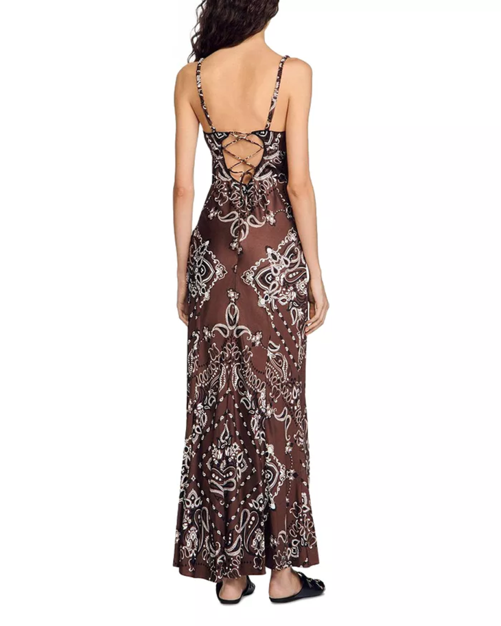 Brown and white bandana print midi dress with spaghetti straps — Sandro | Endless UAE