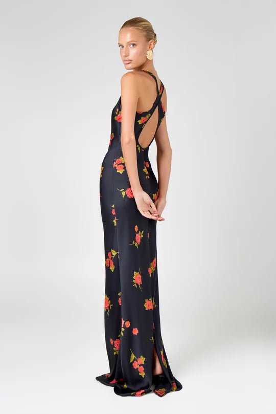 Florence Dress black with red and yellow floral print, sleeveless maxi gown — Hyphen | Endless UAE