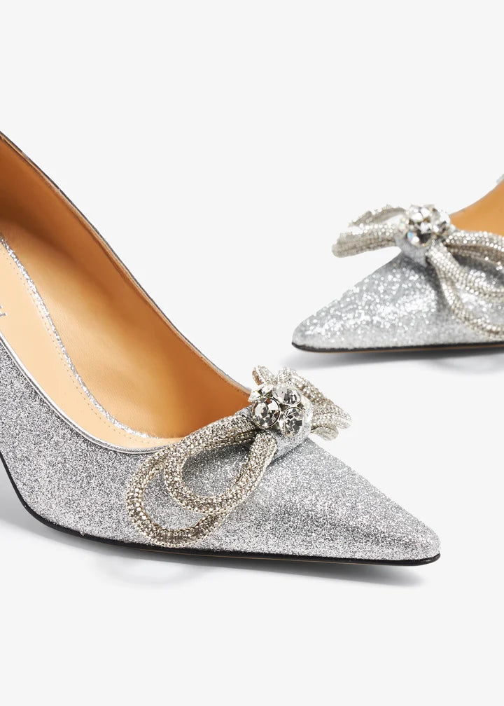 Silver glitter pointed-toe pump with crystal bow embellishment — Mach & Mach | Endless UAE