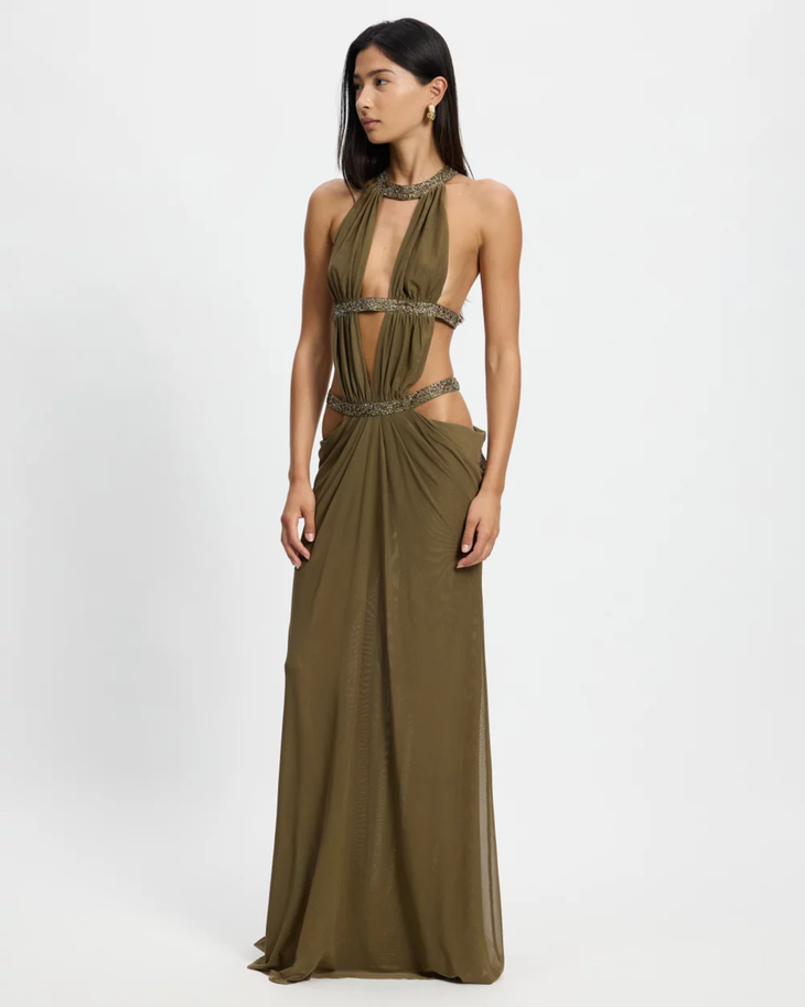 Olive green halter maxi dress with beaded cutout details and draped skirt — Jaded London | Endless UAE