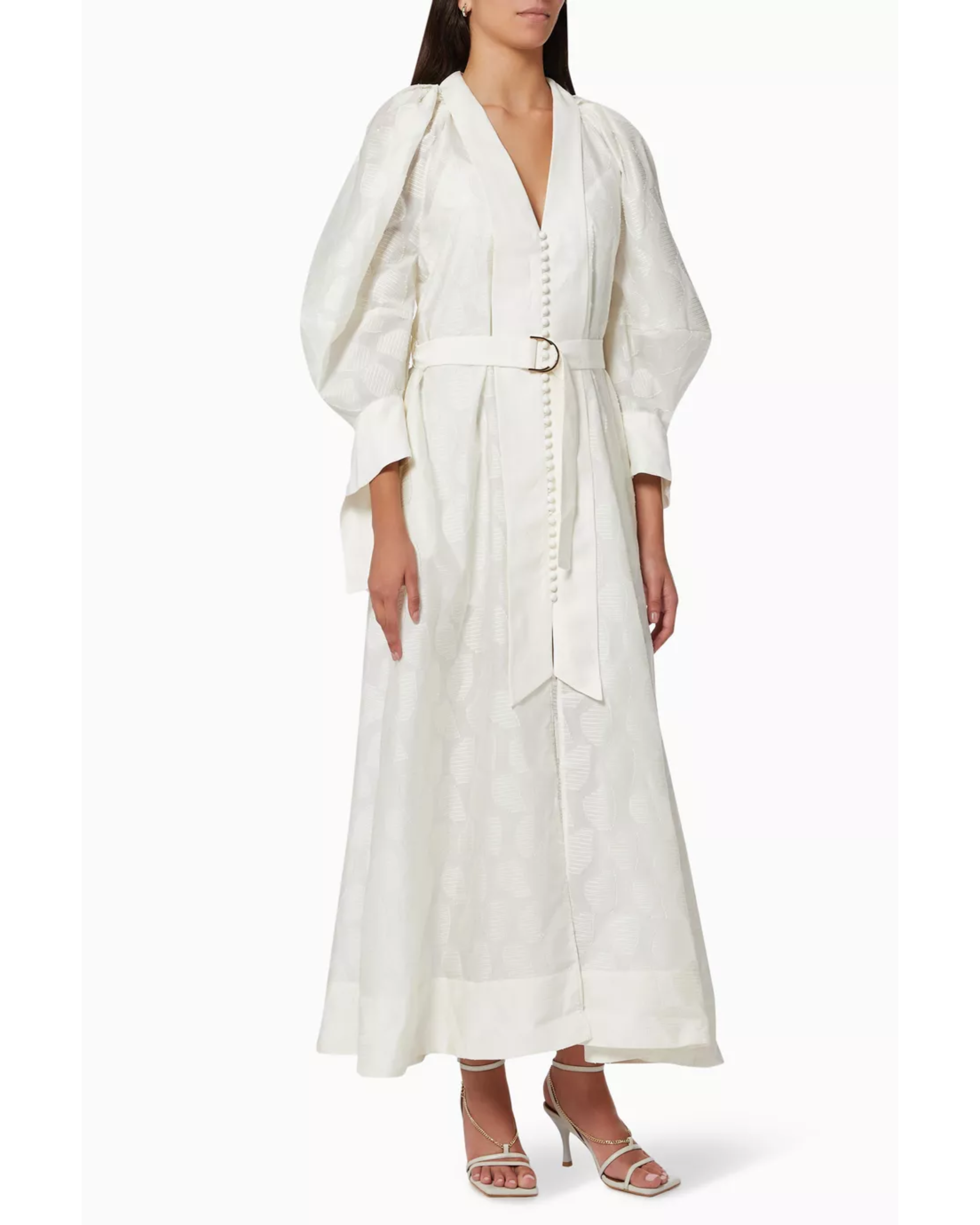 Woman wearing cream linen Parker dress with puffed sleeves and belt — Acler | Endless UAE