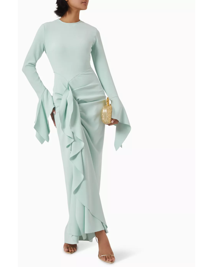 Della Draped Maxi Dress in sage green with bell sleeves and ruched waist detail — Solace London | Endless UAE