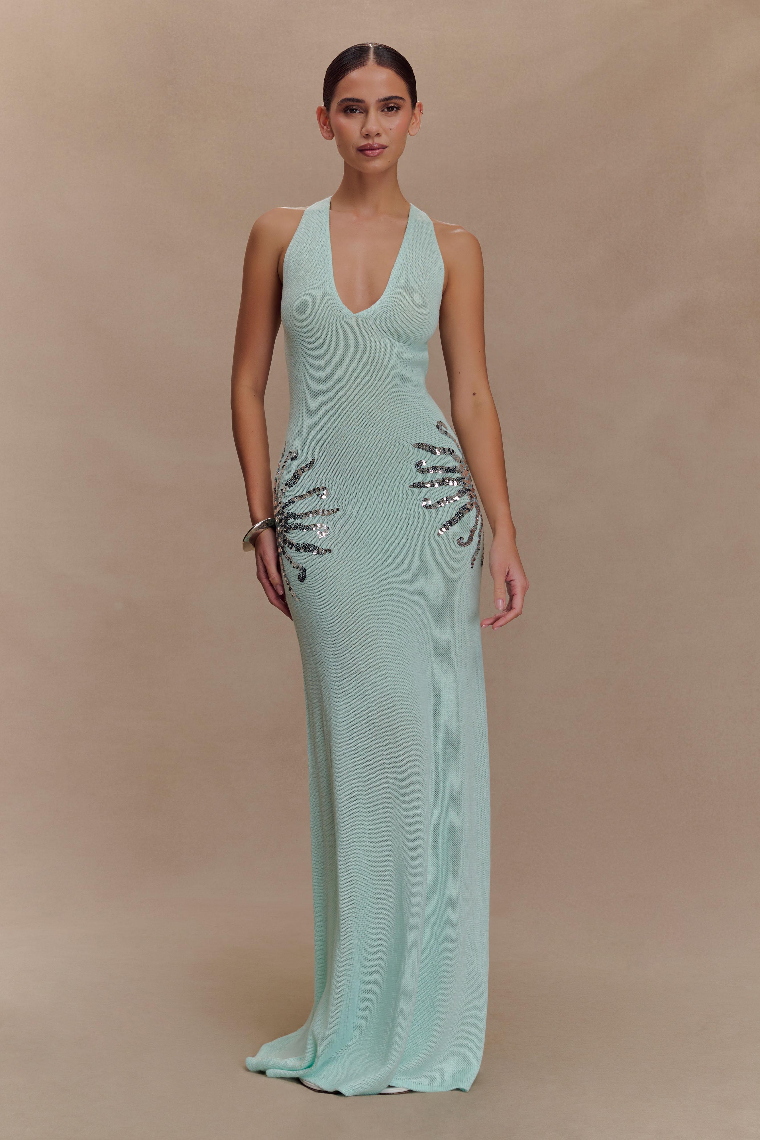 Light blue ribbed knit maxi dress with beaded leaf embellishments — Meshki | Endless UAE