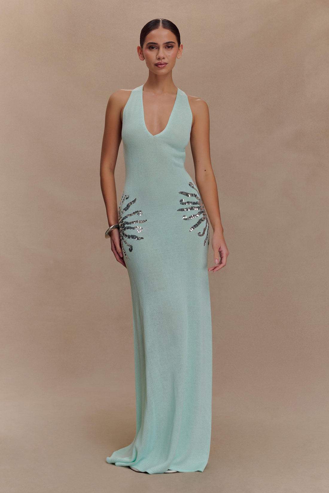 Light blue ribbed knit maxi dress with beaded leaf embellishments — Meshki | Endless UAE