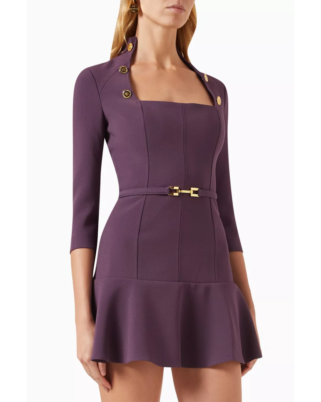 Belted Mini Dress in Purple with Gold Buttons — Elisabetta Franchi | Endless UAE