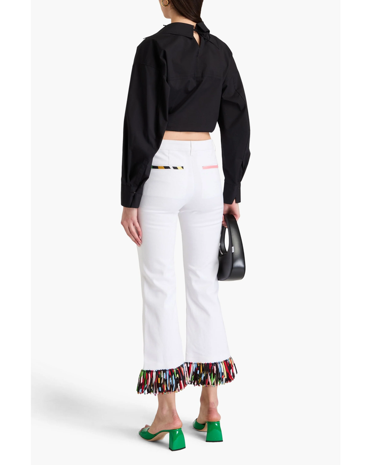White cotton-blend kick-flare pants with colorful fringe trim at hem — Emilio Pucci | Endless UAE