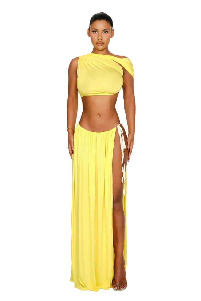 Yellow two-piece crop top and maxi skirt set with asymmetric neckline and high slit — Coucoo | Endless UAE