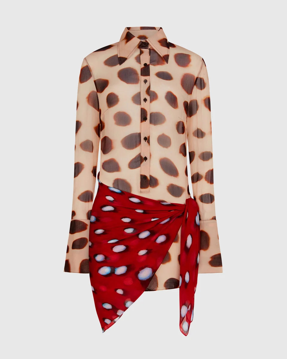 Nilah Shirt Dress Animal in beige with brown polka dots and red polka dot wrap detail — Rat & Boa | Endless UAE