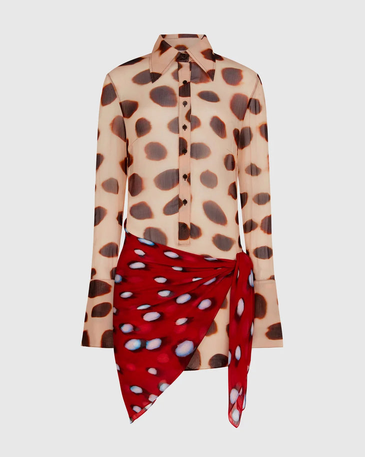 Nilah Shirt Dress Animal in beige with brown polka dots and red polka dot wrap detail — Rat & Boa | Endless UAE