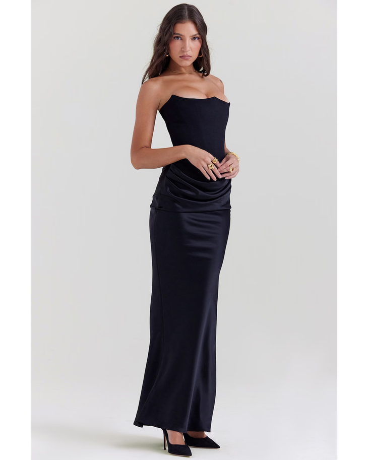 Black strapless corset maxi dress with ruched waist detail — House of CB | Endless UAE