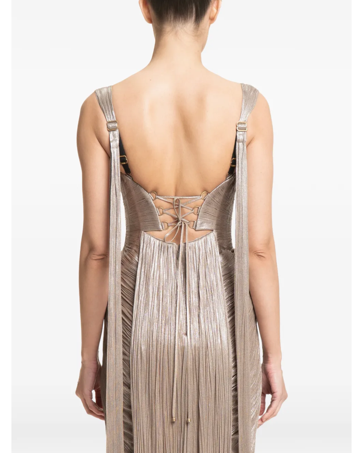 Anais pleated maxi dress in taupe with sweetheart neckline and side slit — Maria Lucia Hohan | Endless UAE