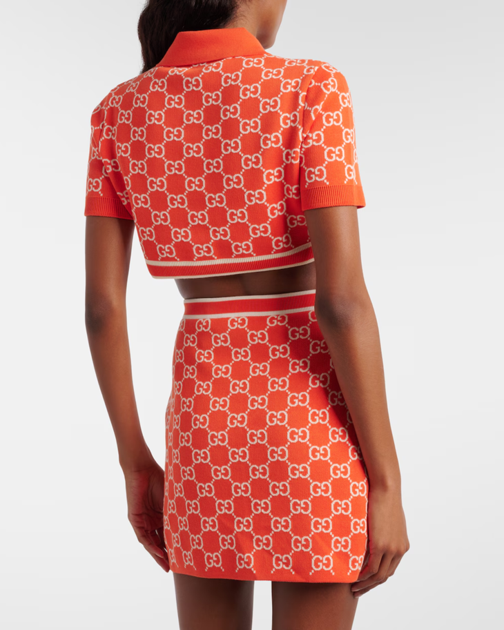 GG Cotton Jacquard Cropped Cardigan in orange with white monogram pattern — Gucci | Endless UAE
