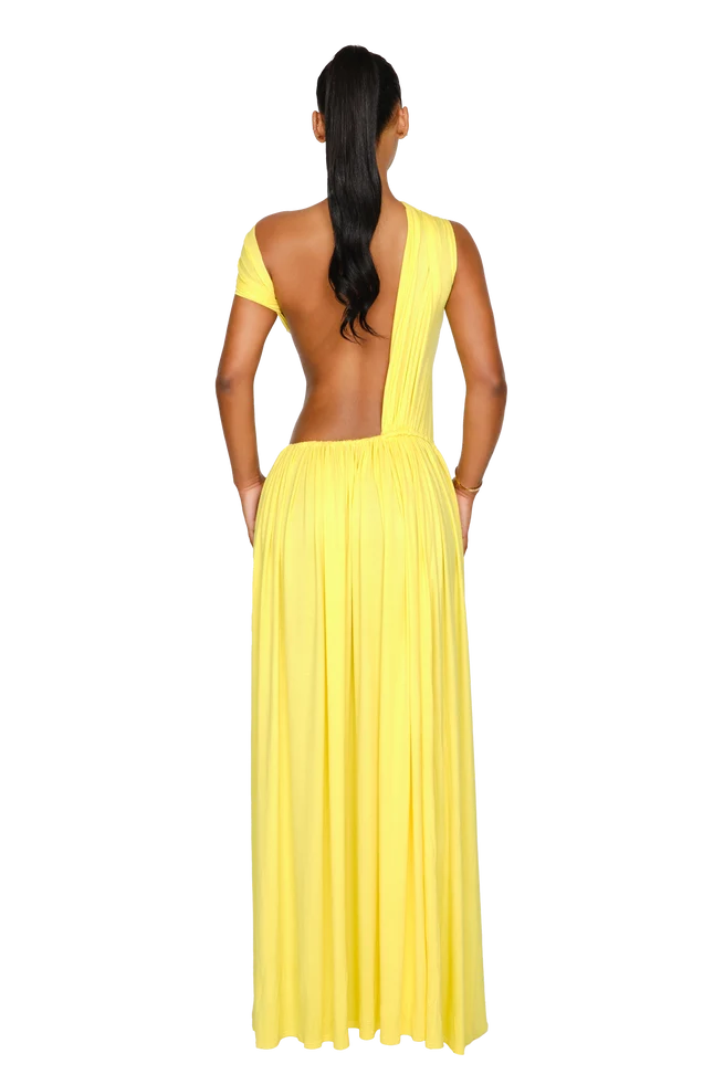 Yellow two-piece crop top and maxi skirt set with asymmetric neckline and high slit — Coucoo | Endless UAE