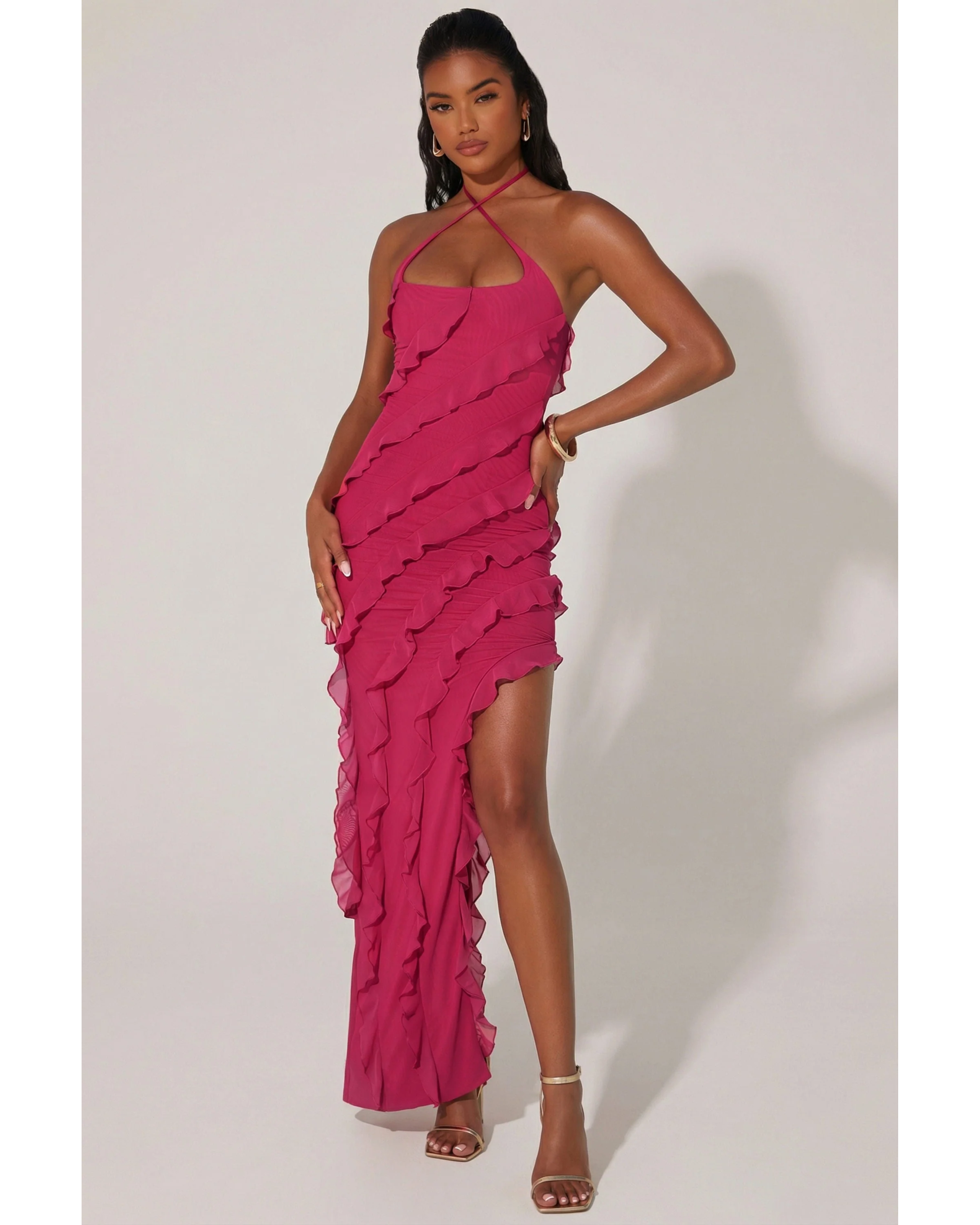 Hot pink ruffle halter maxi dress with asymmetrical hem and cross strap detail — Oh Polly | Endless UAE