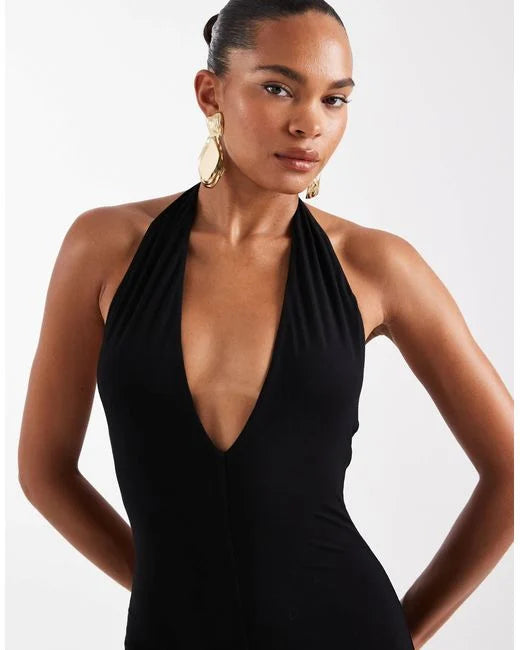 Black halterneck plunge bodycon maxi dress with backless design and side slit — Wanderdoll | Endless UAE