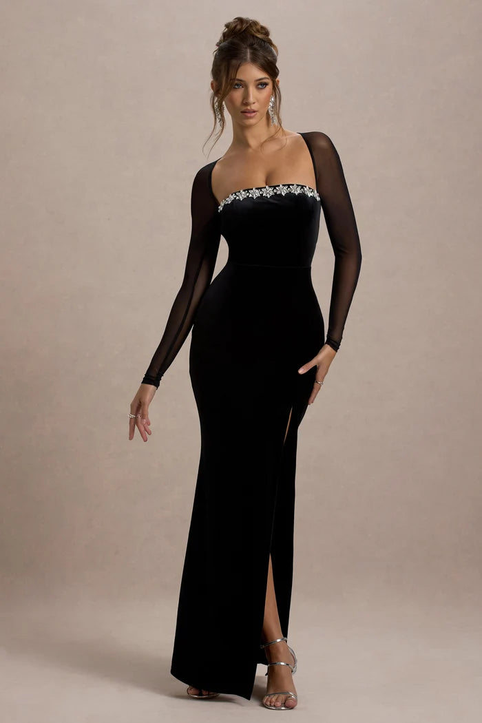 Black velvet maxi dress with embellished square neckline and side split — Club L London | Endless UAE