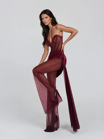 Burgundy halterneck mesh draped jumpsuit on model — Mew Mews | Endless UAE